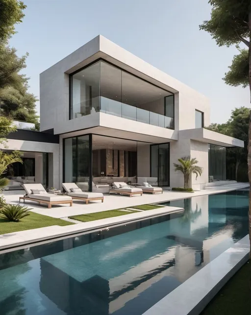 Prompt: Modern villa architecture, luxurious, spacious interior, high quality, 4k, ultra-detailed, contemporary, minimalistic design, natural lighting, stylish, sleek, outdoor infinity pool, glass facades, picturesque surroundings, elegant landscaping, open floor plan, designer furniture, modern art sculptures, neutral tones, high-end materials, dynamic composition, inviting atmosphere