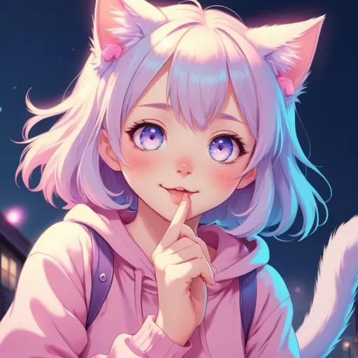 Prompt: Anime illustration of a cute catgirl, vibrant pastel colors, adorable expression, playful atmosphere, high quality, anime, cute, pastel colors, catgirl, detailed eyes, vibrant, playful, atmospheric lighting