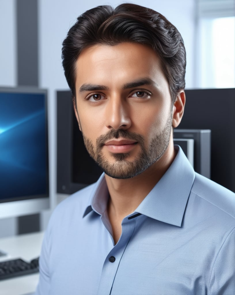 Prompt: engineer man, photorealistic picture, detailed facial features, computers in background, confident expression, intelligent gaze, high quality, professional lighting