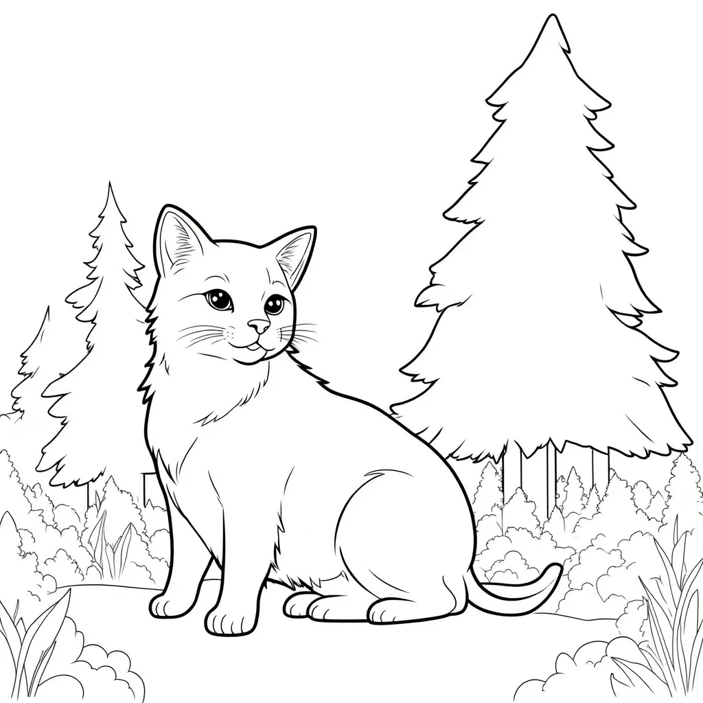 Prompt: cat in the park, simple black and white coloring book art