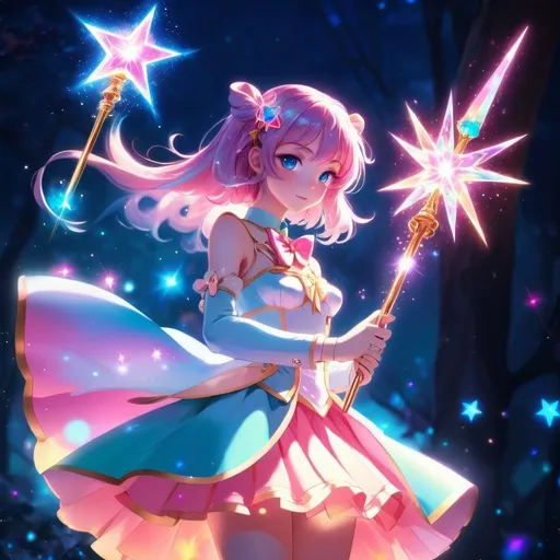 Prompt: anime magical girl, vibrant and surreal colors, sparkling wand, ethereal glow, high quality, fantastical, anime style, enchanting lighting