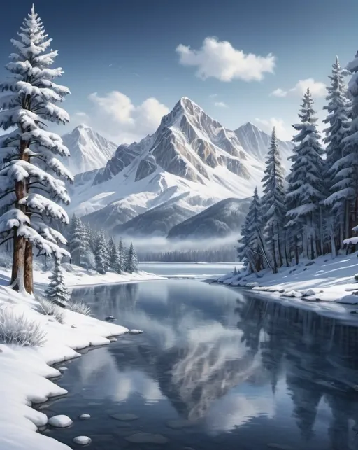 Prompt: high resolution, highly detailed, photorealistic winter landscape, snow-covered pine trees, frozen lake, snow-capped mountains, serene atmosphere, realistic lighting, cool blue and white tones, best quality