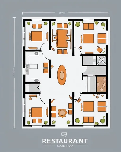 Prompt: restaurant floorplan, 2D vector illustrations, high quality, detailed layout, modern design, professional style, minimalistic, precise lines, clean and crisp, professional vector illustration, organized and efficient, minimalistic design