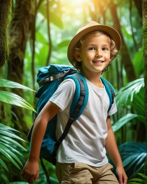 Prompt: kid adventure in jungle, front of kid, vibrant and detailed foliage, high-res, high quality, teenage explorer, jungle adventure, atmospheric lighting