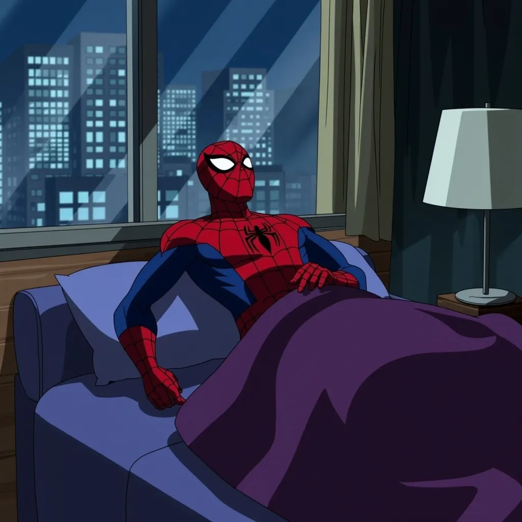 Prompt: spiderman sleeping in bed in a high rise apartment with floor to ceiling window