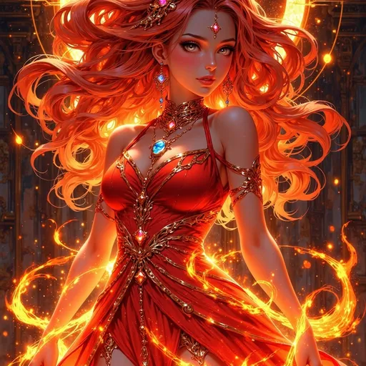 Prompt: beautiful fire goddess with long red flaming hair and golden eyes with slits and a gemstone in the middle of her forehead. wearing gorgeous elegant dress made of flames