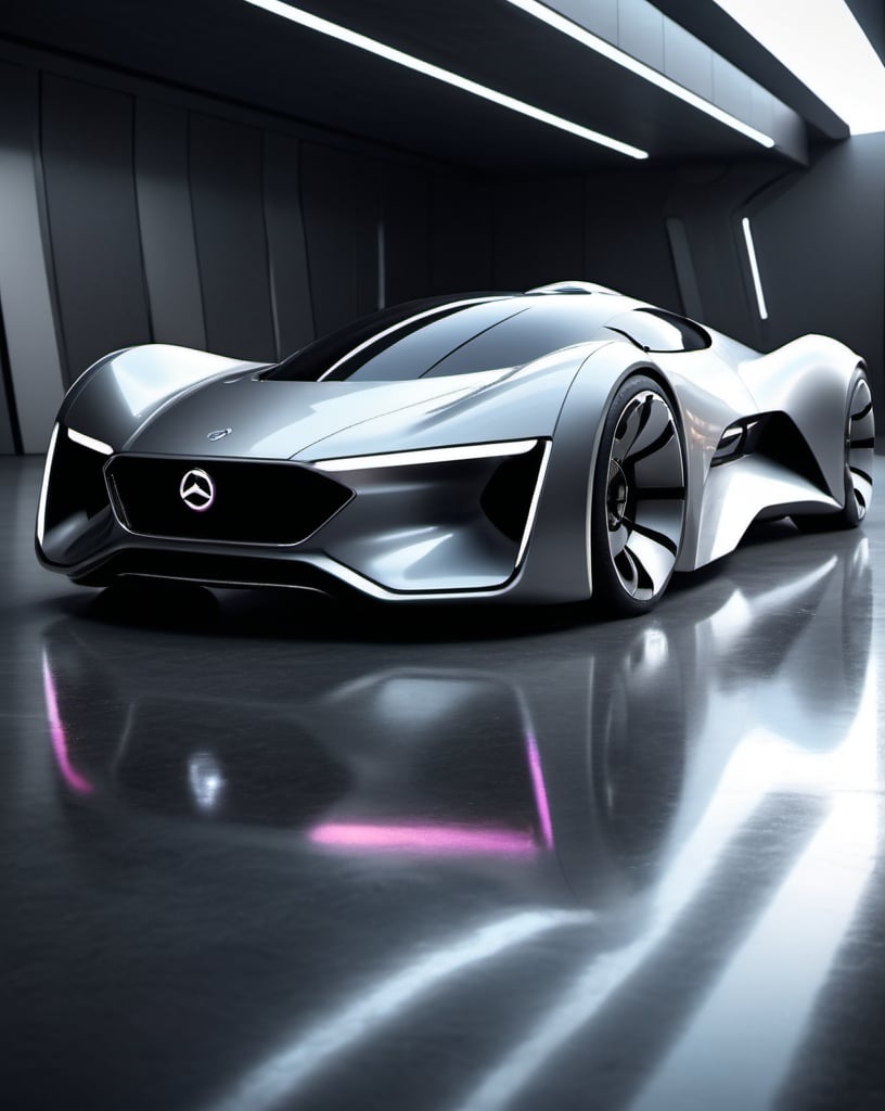 Prompt: Futuristic concept car, sleek and aerodynamic design, metallic finish with reflective surfaces, high-tech interior, 4k, ultra-detailed, high-tech, futuristic, aerodynamic, professional