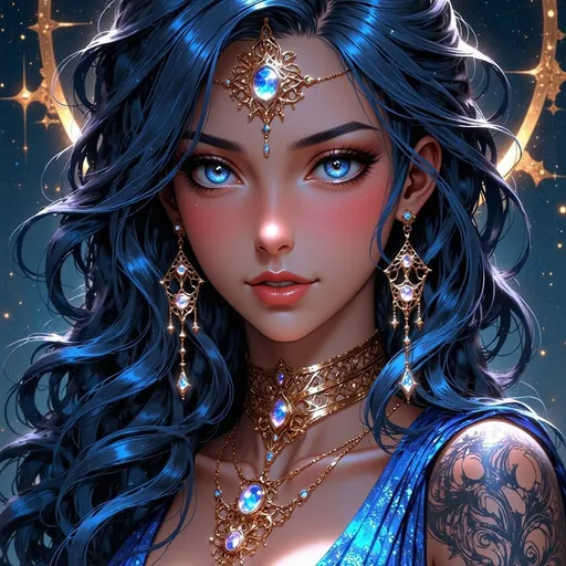 Prompt: beautiful water nymph with long midnight blue hair and golden eyes with slits and a gemstone in the middle of her forehead. Full shoulder tattoos.