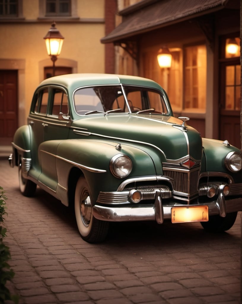 Prompt: Vintage sedan in a nostalgic setting, realistic, warm lighting