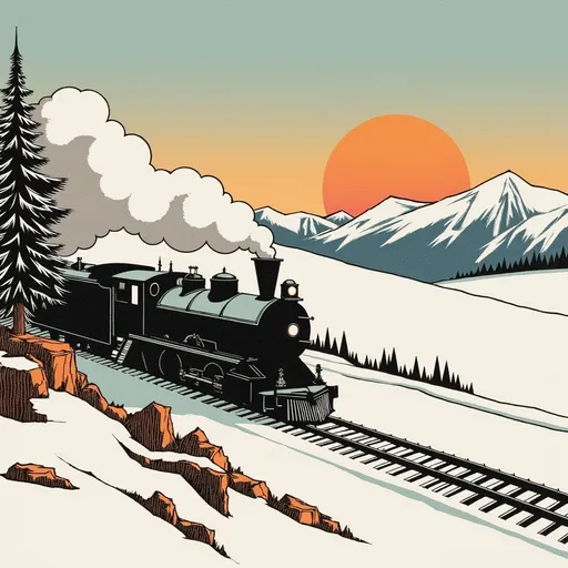 Prompt: vintage style muted and warm colors, retro color palette, train driving through snowy mountain landscape