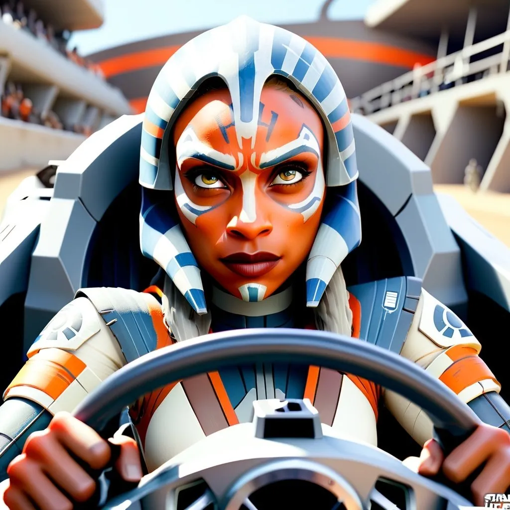 Prompt: ahsoka tano holding a steering wheel, facing the camera, facing the wheel, racer staring into front, professional photography, high resolution, star wars, f1 race, fast, racer helmet on