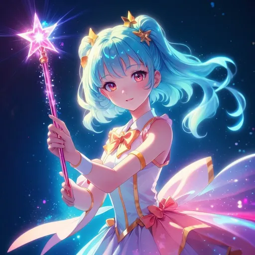 Prompt: anime magical girl, vibrant and surreal colors, sparkling wand, ethereal glow, high quality, fantastical, anime style, enchanting lighting