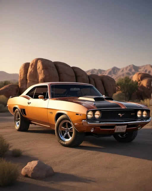 Prompt: Muscle car, rugged and powerful, high-quality details, realistic, golden hour lighting