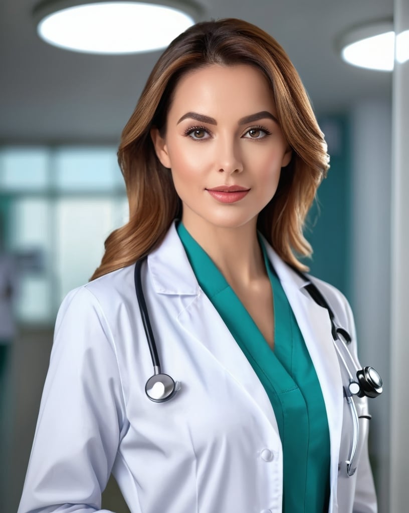 Prompt: doctor woman, photorealistic picture, detailed facial features, doctor outfit, hospital background, confident expression, intelligent gaze, high quality, professional lighting