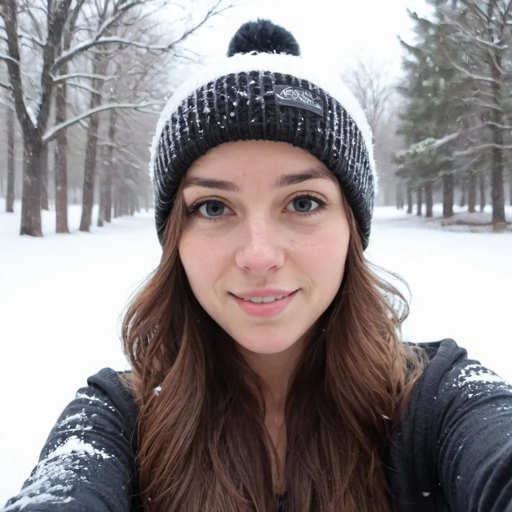 Prompt: snowy day selfie, beanie, snow in hair and beanie