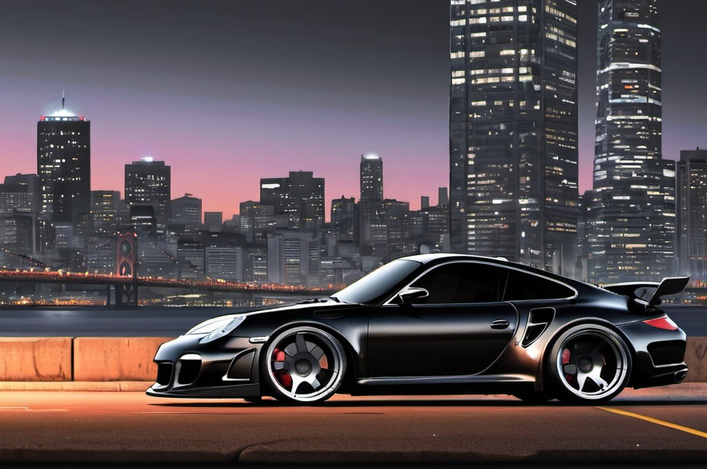 Prompt: black supercar, porsche 997.2, cyberpunk style, sleek, san francisco, cityscape, drawing, dark background, night, the only colors present are black and silver