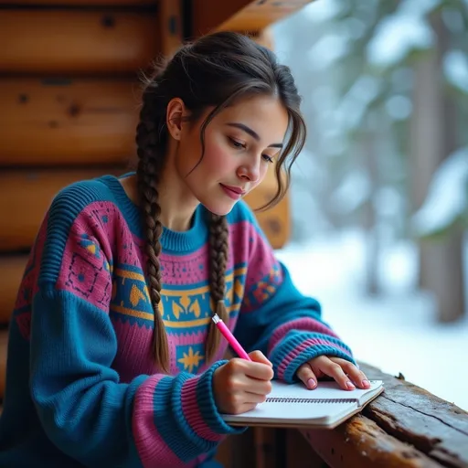 Prompt: a woman in a blue and pink sweater with braids, writing on a notebook in a cabin, snowy outside