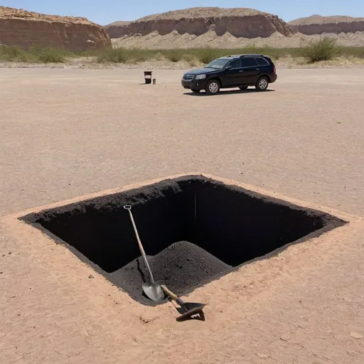 Prompt:  Desert area a 6 feet long pit and a  and  spade is in the center  and near pit black car  is standing 