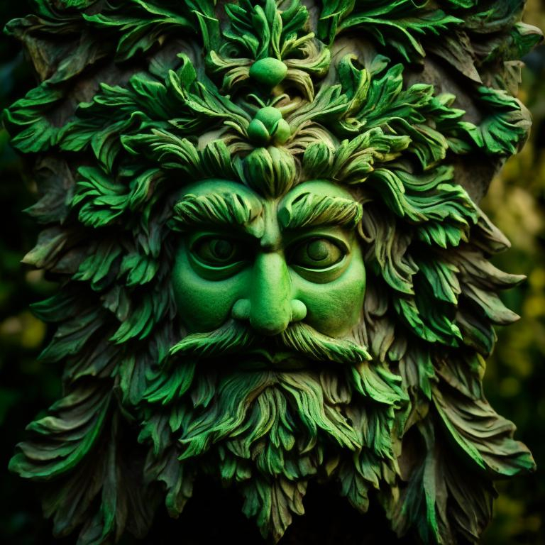 Prompt: intricate pagan green man face with green face, hair and beard.