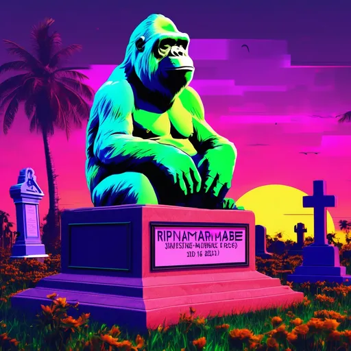 Prompt: A digital cemetery where dead memes are buried as NFTs, gravestones with 'RIP Harambe' and 'Pepe 2016-2023', synthwave sunset --v 6"*