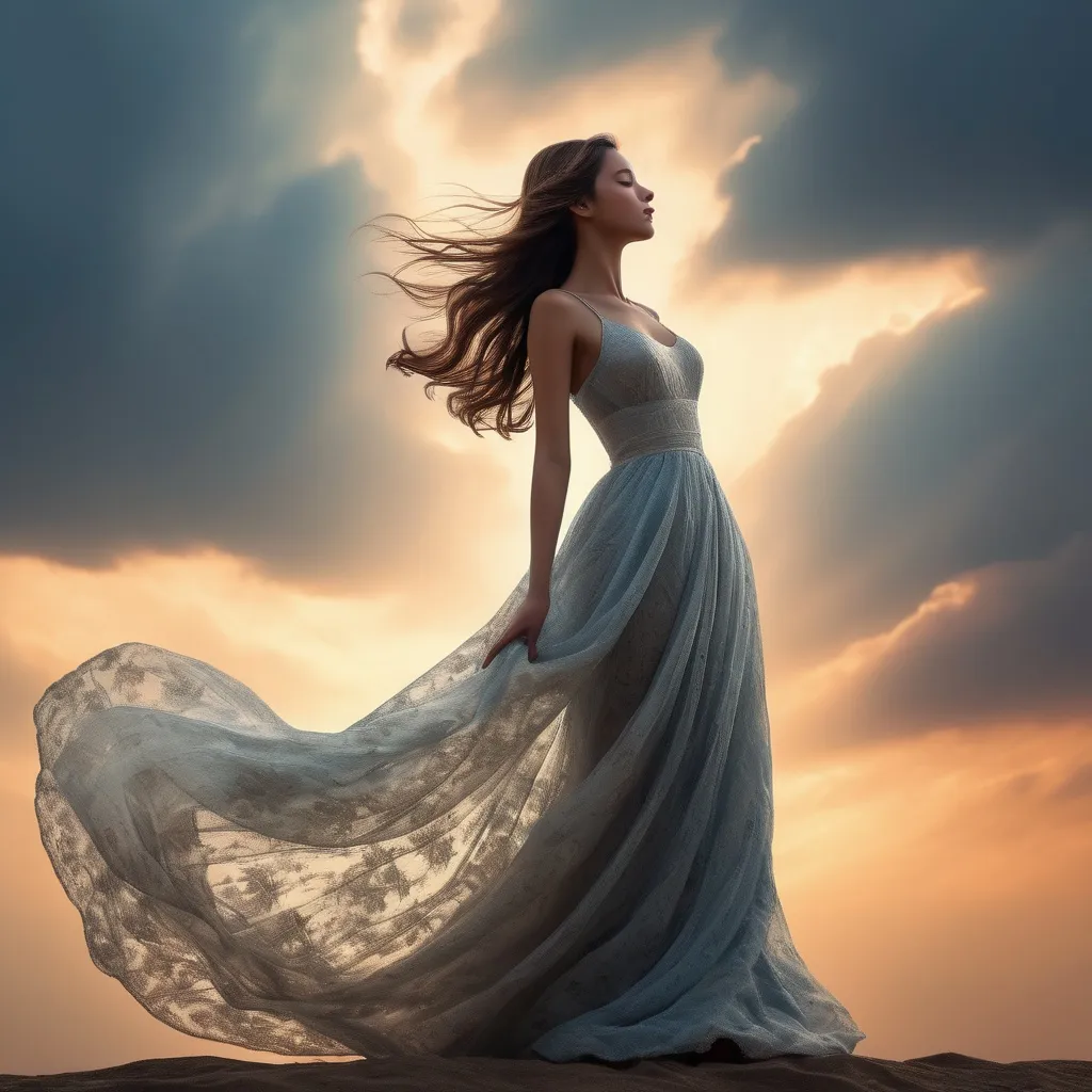 Prompt: (masterpiece), (best quality), (ultra-detailed), A solo girl standing gracefully, her delicate figure silhouetted against the backdrop of a breathtakingly beautiful sky. The air is filled with a sense of serene tranquility as the wind gently rustles through her hair, causing the extremely delicate and beautiful fabric of her dress to billow softly around her. As she gracefully moves, flying splashes of water and petals accompany her, caught up in the ethereal dance of the wind. The scene is a symphony of beauty, with every detail meticulously crafted to evoke a sense of wonder and awe