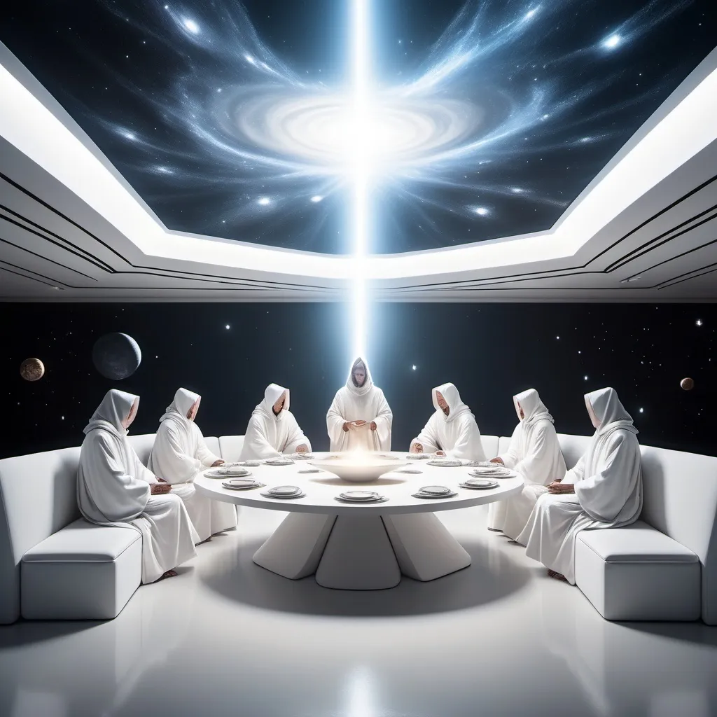 Prompt: Heavenly powerful beings in white robes, spaced out at a table in space, cosmic setting, ethereal and majestic, high quality, celestial, divine, spacious layout, otherworldly, cosmic, atmospheric lighting, minimalist design