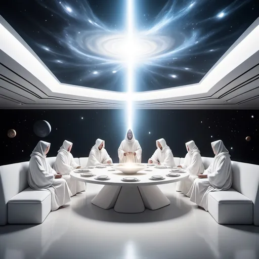 Prompt: Heavenly powerful beings in white robes, spaced out at a table in space, cosmic setting, ethereal and majestic, high quality, celestial, divine, spacious layout, otherworldly, cosmic, atmospheric lighting, minimalist design