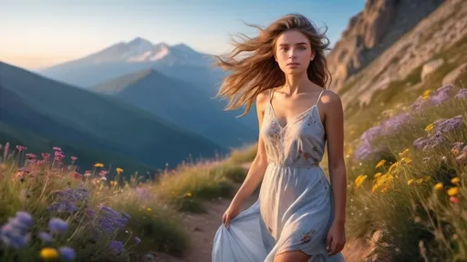 Prompt: young beautiful girl walking on the mountain for meet a boy