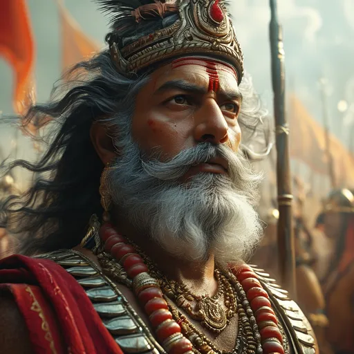 Prompt: Indian king with beard stands before the grand battlefield, tension crackling in the air. Cinematic tone