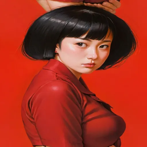 Prompt: a woman with a short black hair and a red shirt on a red background with a red background and a red background, Ayako Rokkaku, aestheticism, red, a photorealistic painting