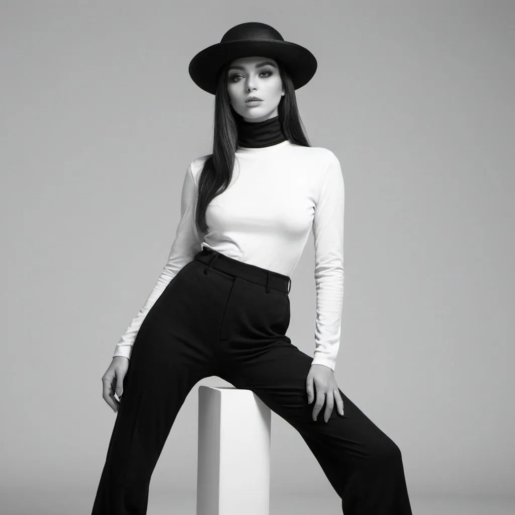 Prompt: Ultra realistic black and white photo of a woman posing dramatically and wearing extra long black pants, black turtle neck shirt and black disc hat 