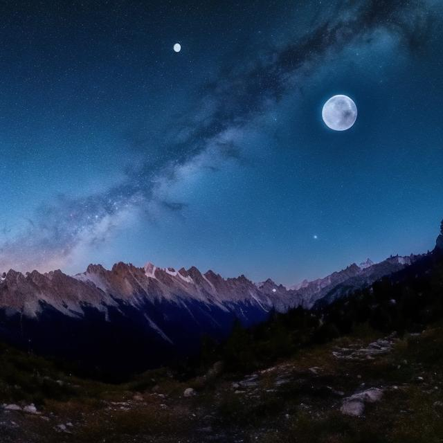 Prompt: night sky in the mountains and a shining moon