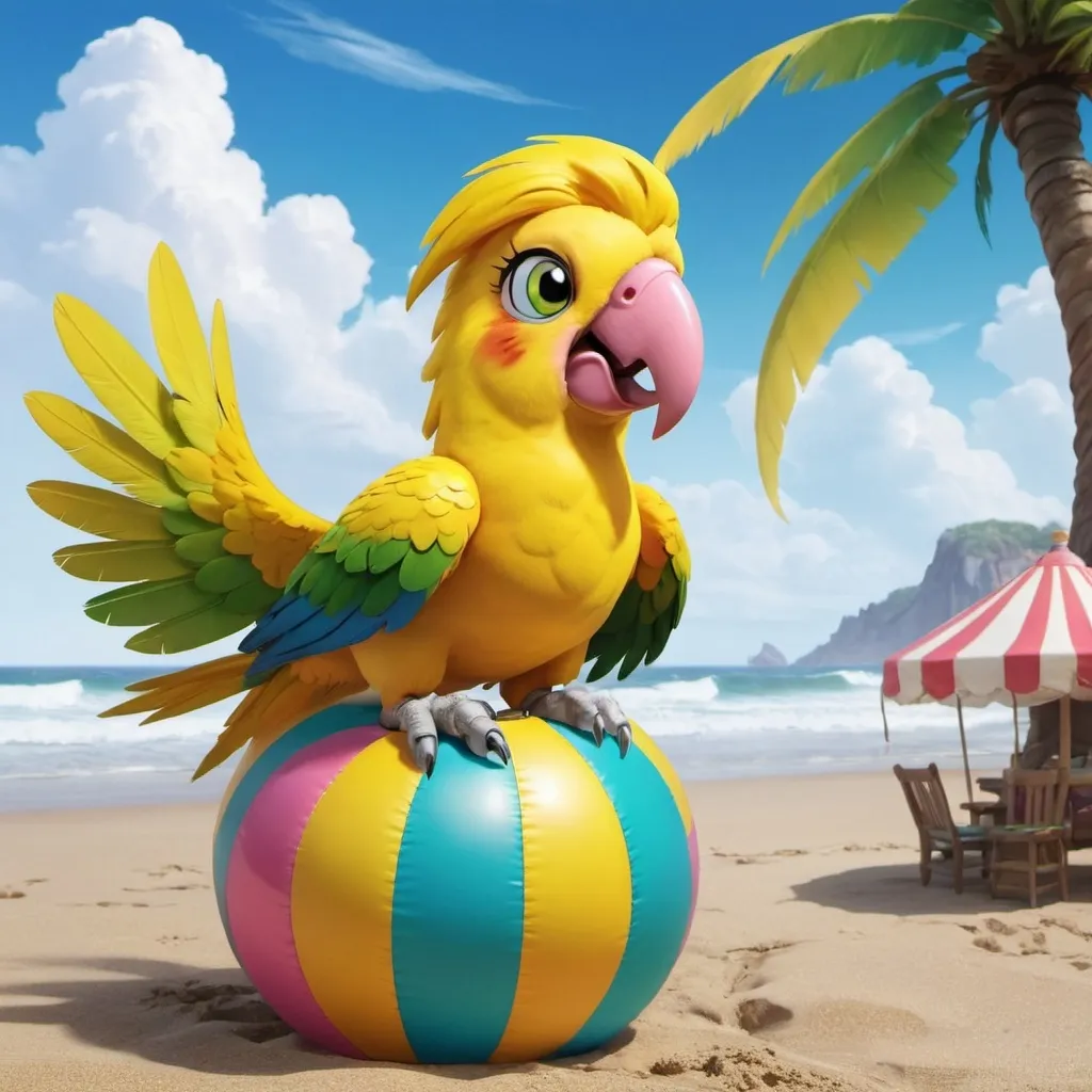 Prompt: Captain Celaeno  is a female anthropomorphic yellow parrot with green feathers who appears in My Little Pony The Cartoon Movie 2017. She is the captain of a crew of pirates that sails the Sea of Clouds beyond Equestria. She sits on top of a giant beach ball.