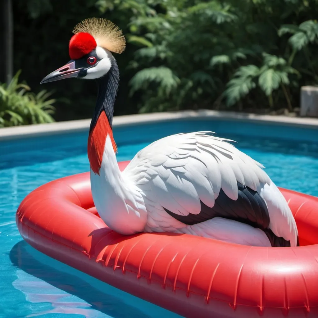 Prompt: an alluring female anthropomorphic red-crowned crane in her red swimsuit lounging on her inflatable red rubber raft in her swimming pool.