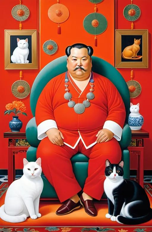 Prompt: Inspired by painter, Fernando Botero, a picture features a large, contented extreme overweighted rich Chinese man sitting in a vibrant, culturally themed room. The person is dressed in a bright red outfit and has a large medallion around their neck. Flanking them are two cats—one gray and white, the other orange—both sitting calmly. The background includes decorative elements like vases and flowers, and there's a prominent full moon visible through a circular window, enhancing the serene atmosphere of the scene. The overall composition exudes a sense of tranquility and comfort.