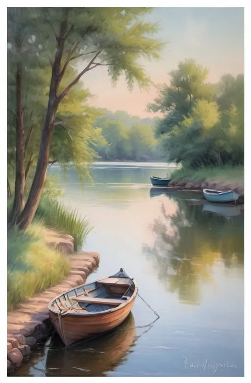 Prompt: Tranquil impressionistic painting of two boats by the river, soft brushstrokes, serene atmosphere, pastel colors, peaceful reflection, shimmering water, detailed foliage, high quality, impressionistic, tranquil scene, soft brushstrokes, peaceful, serene, pastel colors, detailed boats, shimmering water, detailed foliage, professional, atmospheric lighting