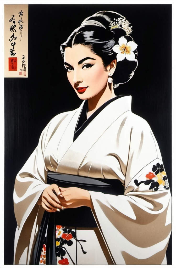 Prompt: Opera singer, Maria Callas , in a white and black kimono with a flower in her hair and a flower in her hair, Ayshia Taşkın, ukiyo-e, japanese, a character portrait