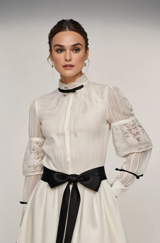 Prompt: Keira Knightley in a neoclassical white dress, black bow tie on waist, soft details, flemish Baroque, highres, detailed, neoclassical, soft, flemish Baroque, elegant, white dress, black bow, classic, actress, professional lighting