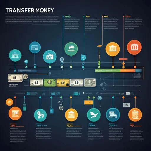 Prompt: Evolution of transfer money technology, (historical timeline) featuring inventions like the postal system, telegraph, credit cards, and digital apps, showcasing their chronological advancements, vibrant colors, engaging technological elements, (futuristic design) with a clear flow from past to present, (detailed infographic style), creative composition, HD quality.