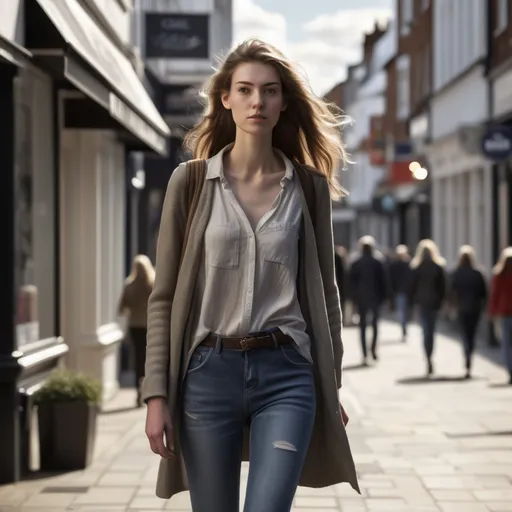 Prompt: Tall young woman walking down the high street, detailed clothing, realistic, natural lighting