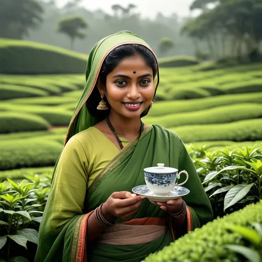 Prompt: "An ultra-realistic, high-resolution scene of a tea garden in Sylhet, Bangladesh, focused on a Bangladeshi model woman enjoying a cup of tea. She stands amidst lush green tea fields, dressed in traditional attire with a warm smile, sipping tea peacefully. In the background, tea workers in traditional clothing are picking leaves. The model is highlighted with natural lighting, surrounded by vibrant greenery under the afternoon sunlight, creating an authentic and inviting ambiance. Birds fly in the sky, enhancing the scene’s natural beauty and cultural essence. --v 5 --ar 16:9 --q 2 --style photo"