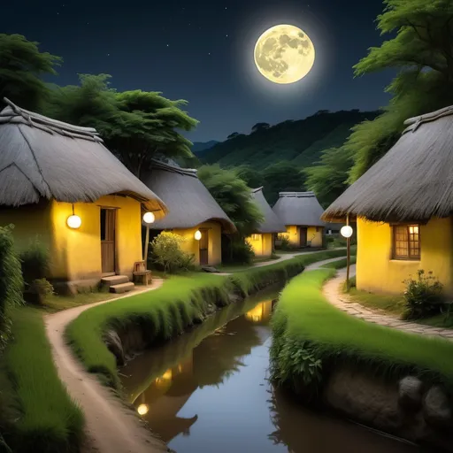 Prompt: "Create a tranquil rural night scene in a small village, illuminated by a large, glowing full moon in a clear night sky. The village has traditional, thatched-roof huts with warm yellow lights glowing from inside, casting soft light onto the surrounding area. A narrow, winding dirt path follows a small stream through the village, bordered by lush green vegetation and tall tropical trees. A few villagers are visible, including a mother sitting with her child and a young girl walking along the path, creating a serene and nostalgic atmosphere. The entire scene is surrounded by dense greenery, under the gentle moonlight, with a peaceful and mystical ambiance. --v 5 --ar 16:9 --q 2"