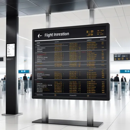 Prompt: (flight information display system), clean and professional design, sleek interface, (high contrast black text), airport ambiance, modern elements, digital aesthetics, precise layout, minimalistic style, vibrant accents, high-resolution clarity, detailed data presentation, (white background), neatly organized information, promoting efficiency through design, optimized for legibility and simplicity.