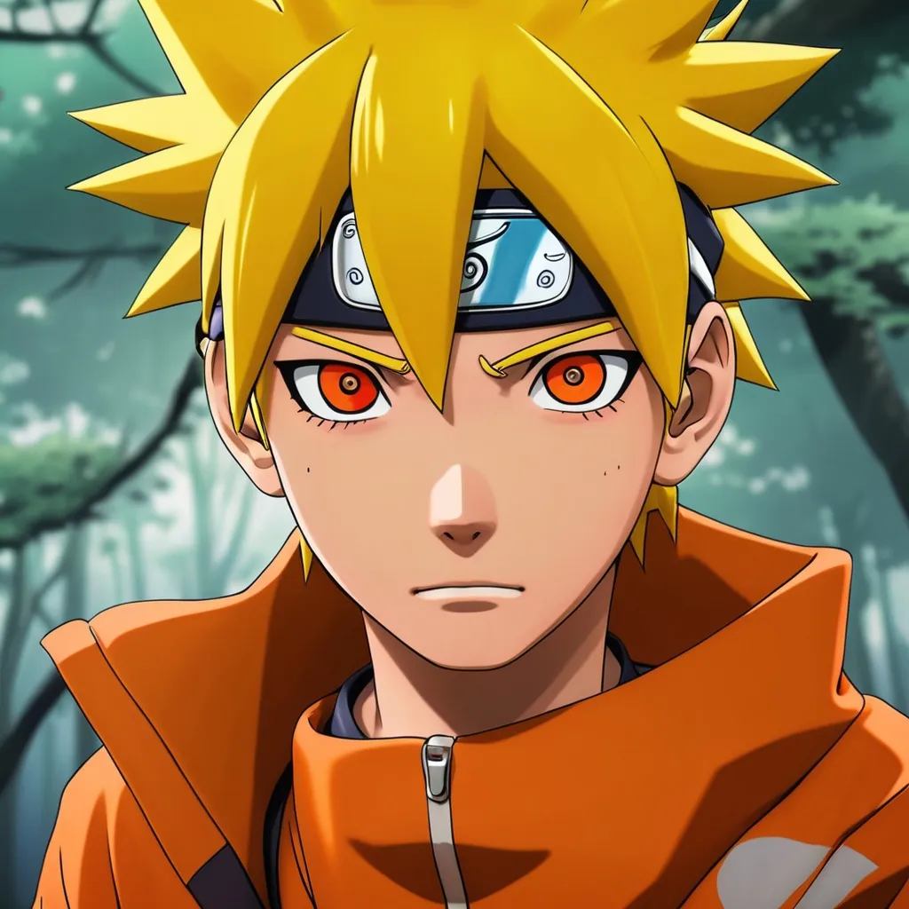 Prompt: hidden leaf headband  with 
shargan in his eyes   12 years old in Naruto on team 10 with Naruto hair
