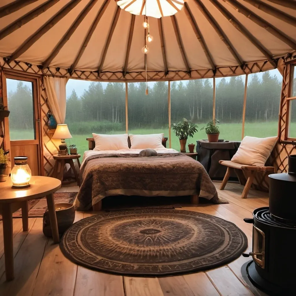 Prompt: Looking into the front door of a yurt, inside there is a wood bring stove, plants, rustic furniture, soft lighting, pillows, fairly lights. It is raining outside. It is night time