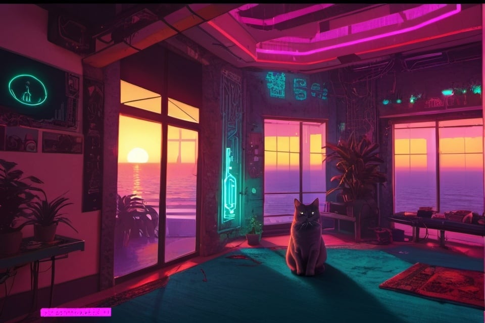 Prompt: cyberpunk, neon, cosy, persian carpets, large plants, cats, sunset, sea fort