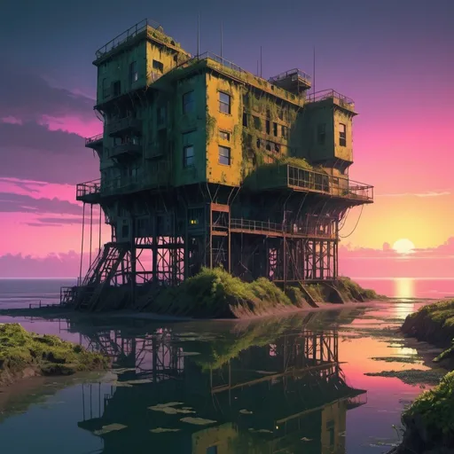 Prompt: cyberpunk maunsell fort, neon, overgrown vegetation, sunset, calm sea, detailed reflections, interlinked buildings with bridges, far out at sea, inhabited by people, lived in, shabby, cosy