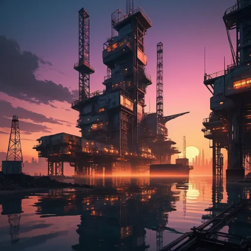 Prompt: a cyberpunk style city located on an oil rig at sunset with calm sea