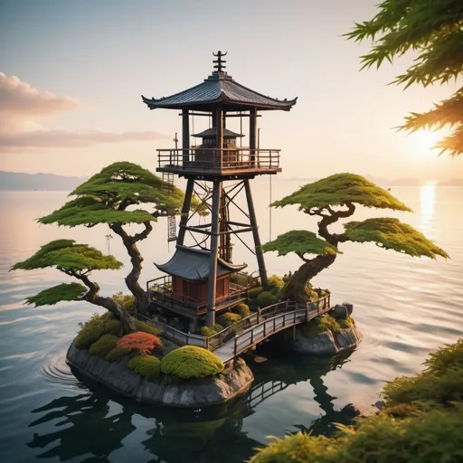 Prompt: traditional japanese garden with bonsai, water, maple trees, bamboo, teahouse, moss streams located on top of an aging oil rig in the sea. calm sea, sunset, birds eye view

