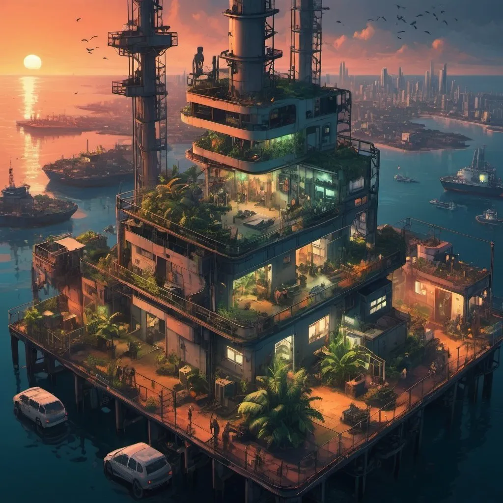 Prompt: a dense cyberpunk style city with housing, people and leafy gardens located on an oil rig at sunset with calm sea. bird's eye view. cats
